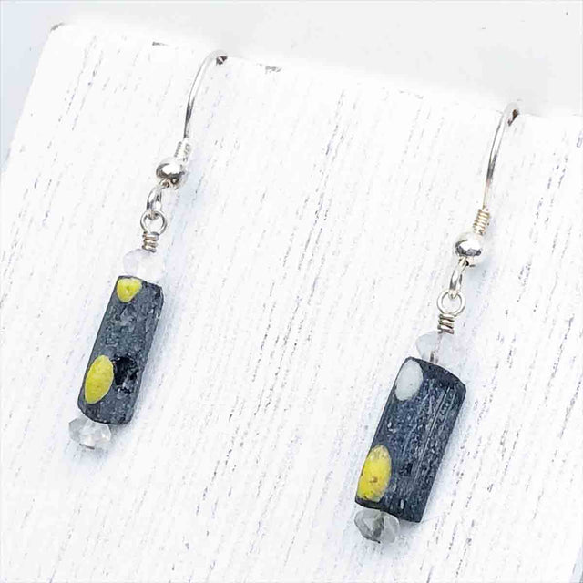 Ancient Roman Glass Bracelet Fragment Black and Yellow Earrings on Sterling Silver