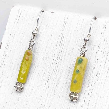 Ancient Roman Glass Bracelet Fragment Yellow Green and Orange Earrings on Sterling Silver