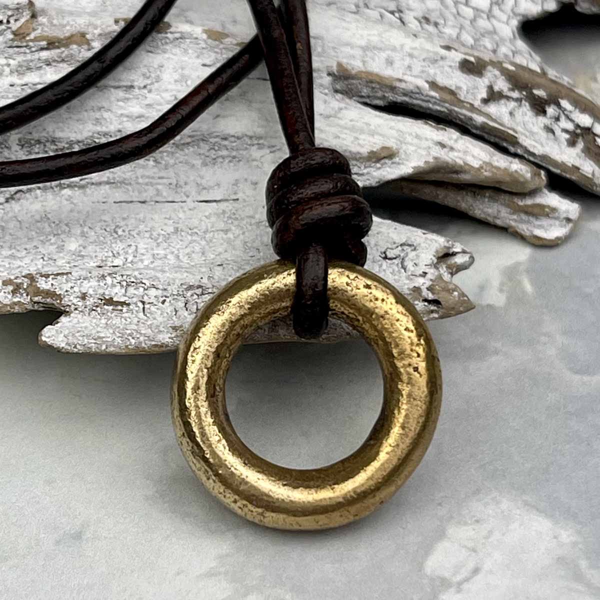 Thick Bright Golden Bronze Raised Ridge Celtic Ring Money Leather Necklace