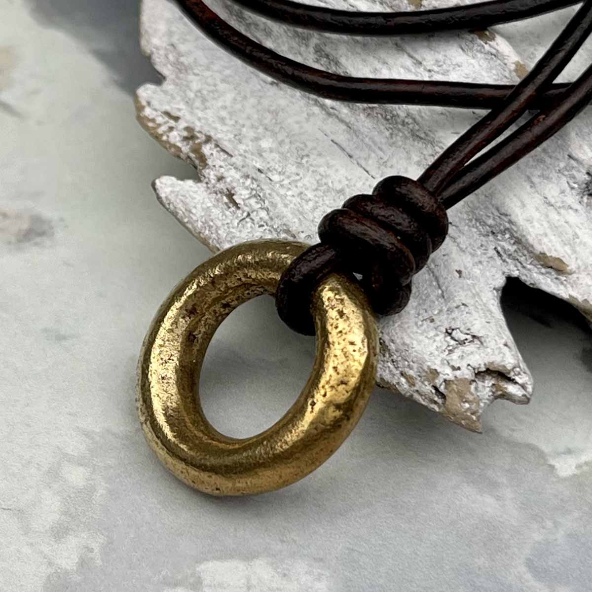 Thick Bright Golden Bronze Raised Ridge Celtic Ring Money Leather Necklace