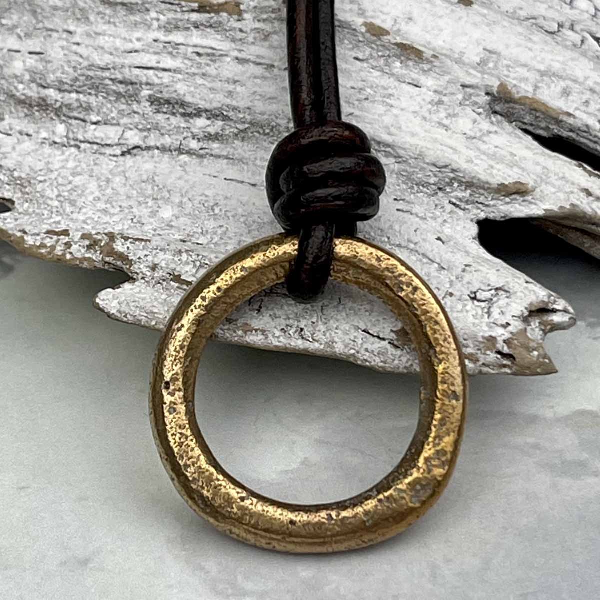 Burnished Golden Bronze Celtic Ring Money Leather Necklace