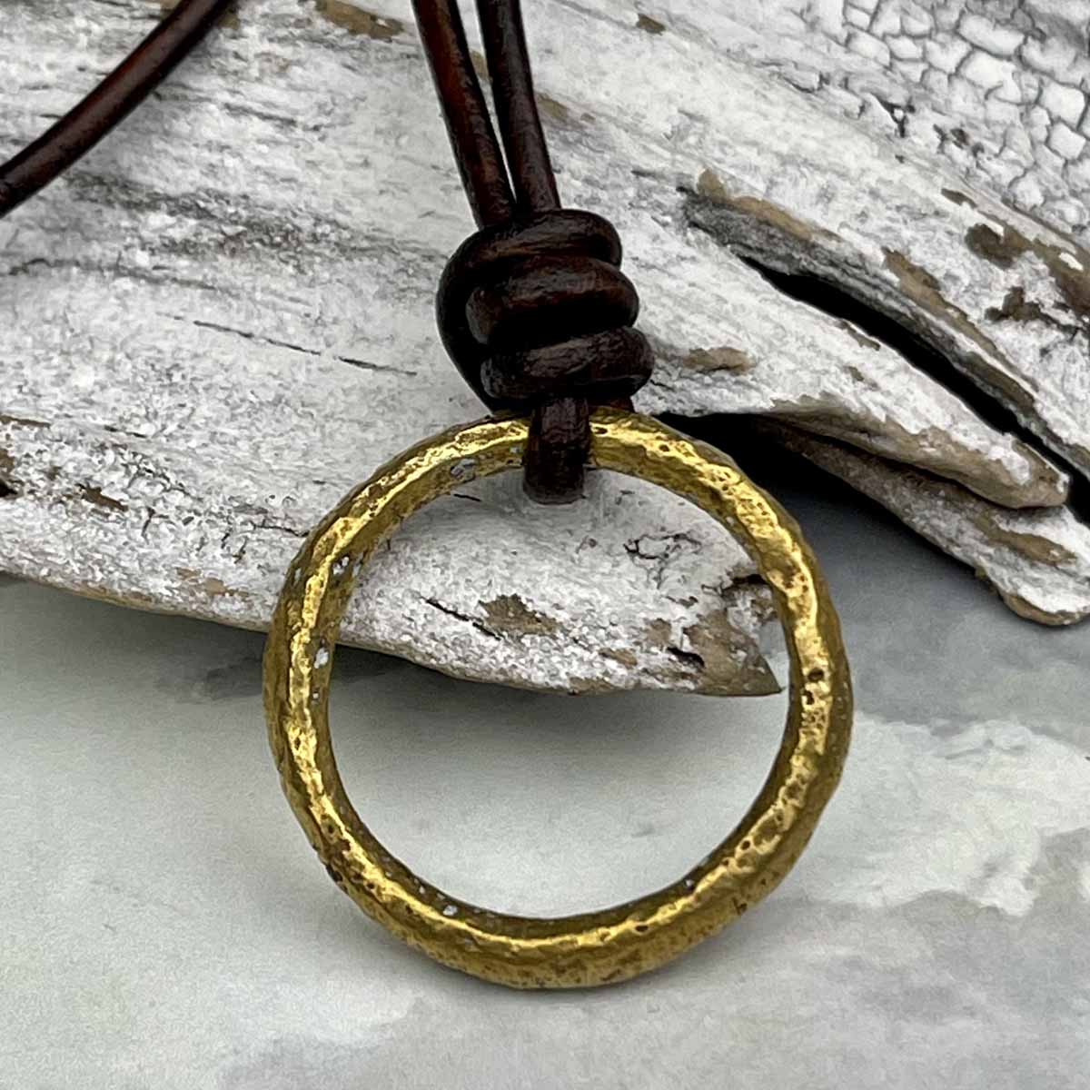 Bright Rich Golden Bronze Celtic Ring Money Leather Necklace