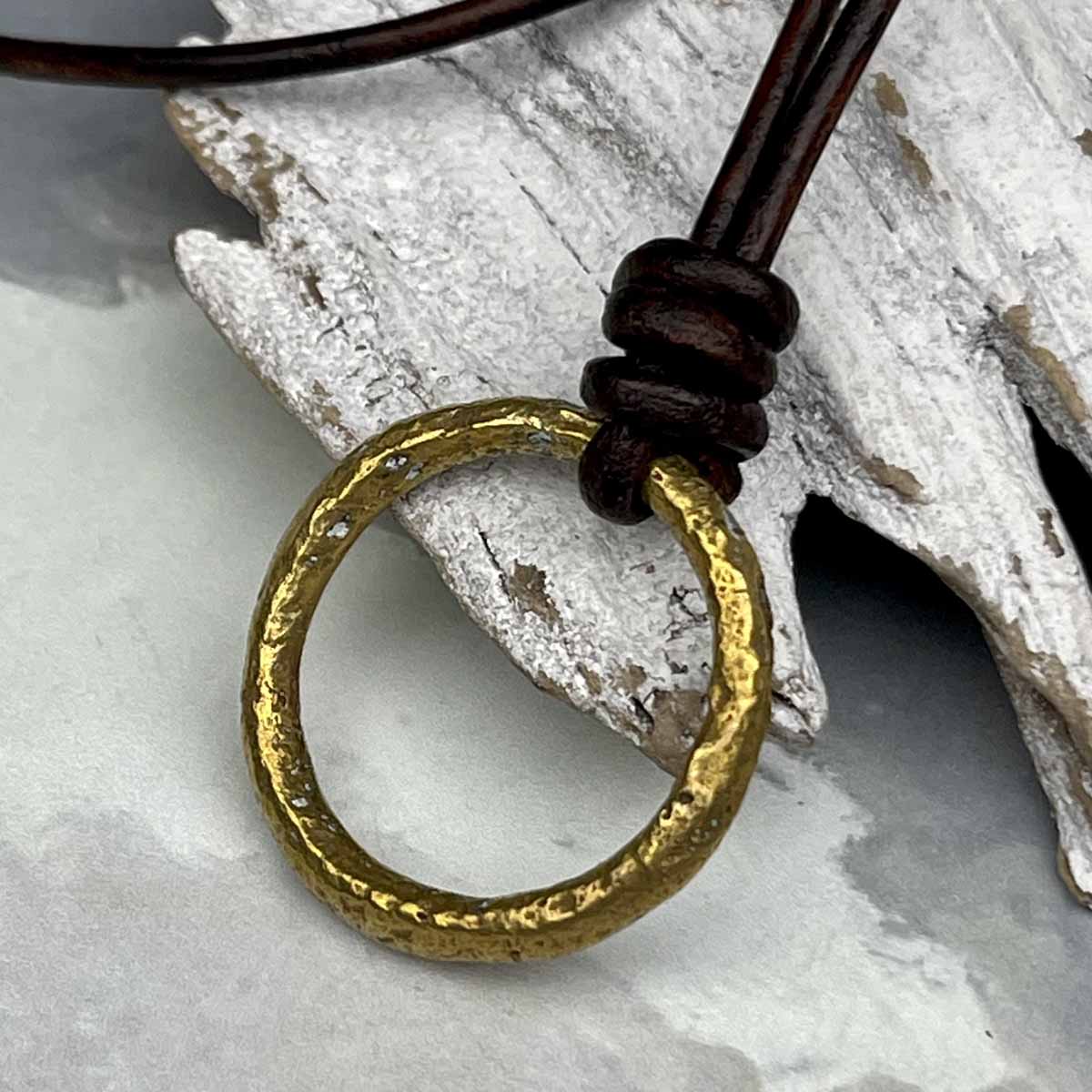 Bright Rich Golden Bronze Celtic Ring Money Leather Necklace