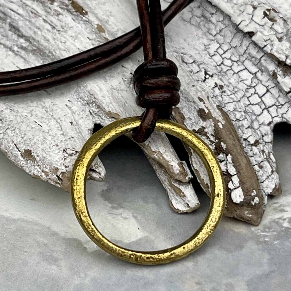 Brightest Golden Bronze Celtic Ring Money Leather Necklace