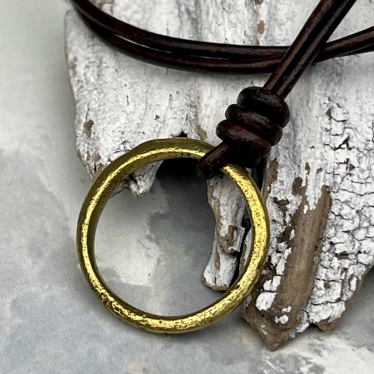 Brightest Golden Bronze Celtic Ring Money Leather Necklace