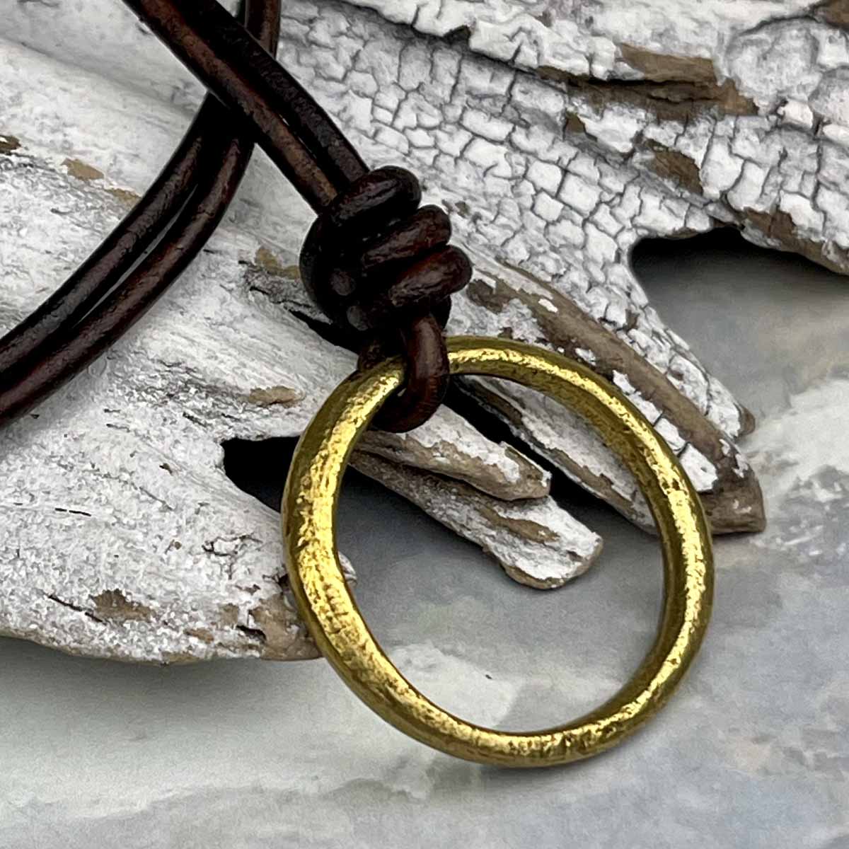 Brightest Golden Bronze Celtic Ring Money Leather Necklace