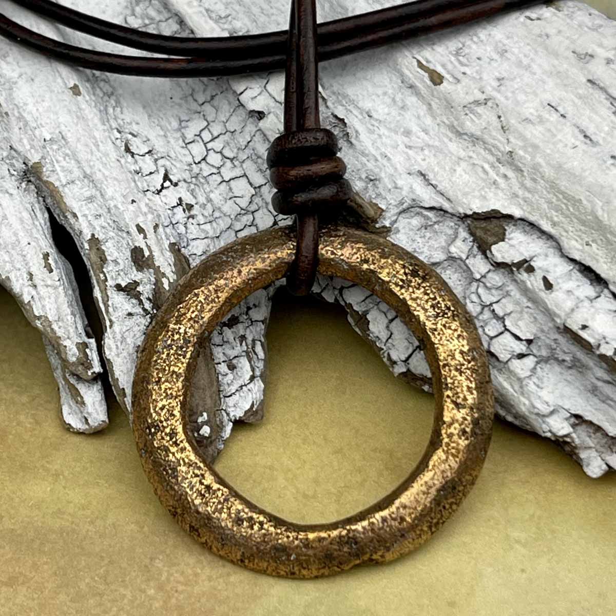 Large Flat Golden Bronze Celtic Ring Money Leather Necklace