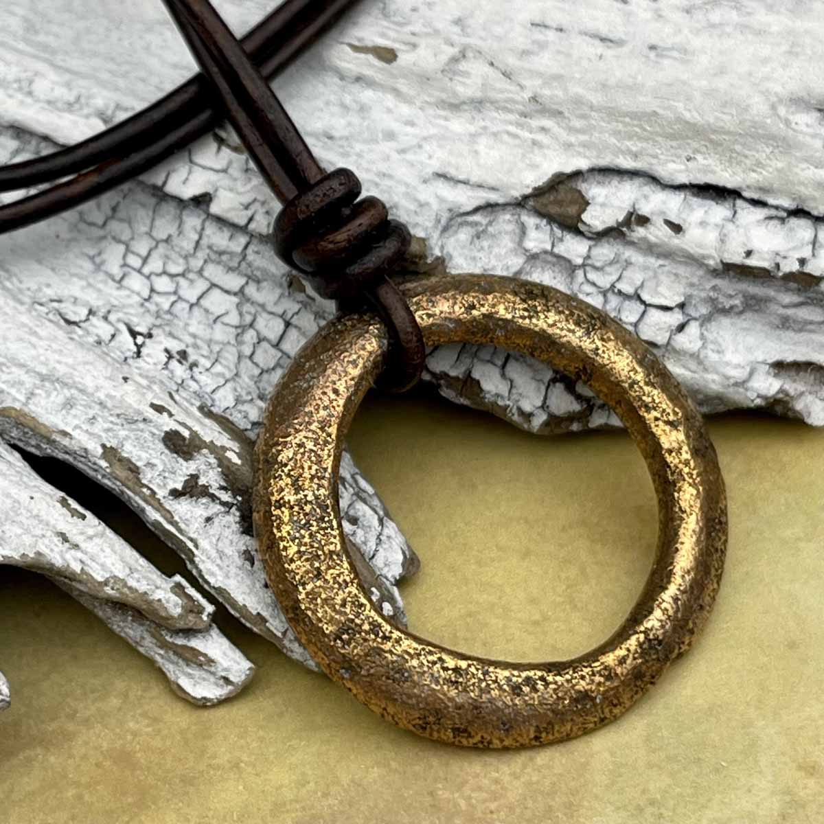 Large Flat Golden Bronze Celtic Ring Money Leather Necklace