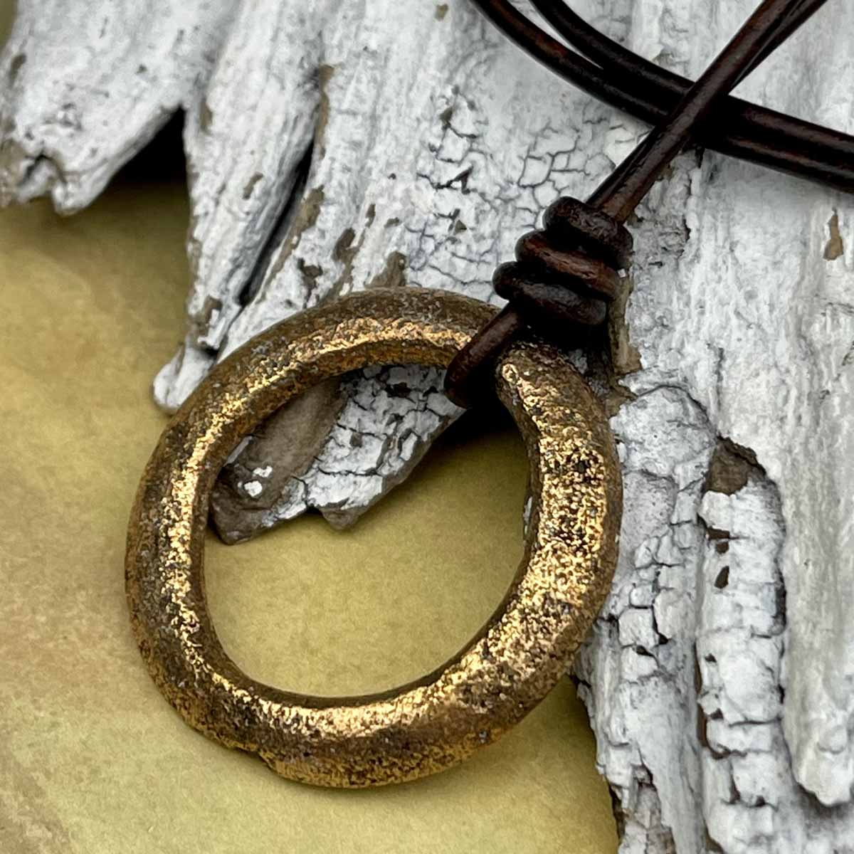 Large Flat Golden Bronze Celtic Ring Money Leather Necklace