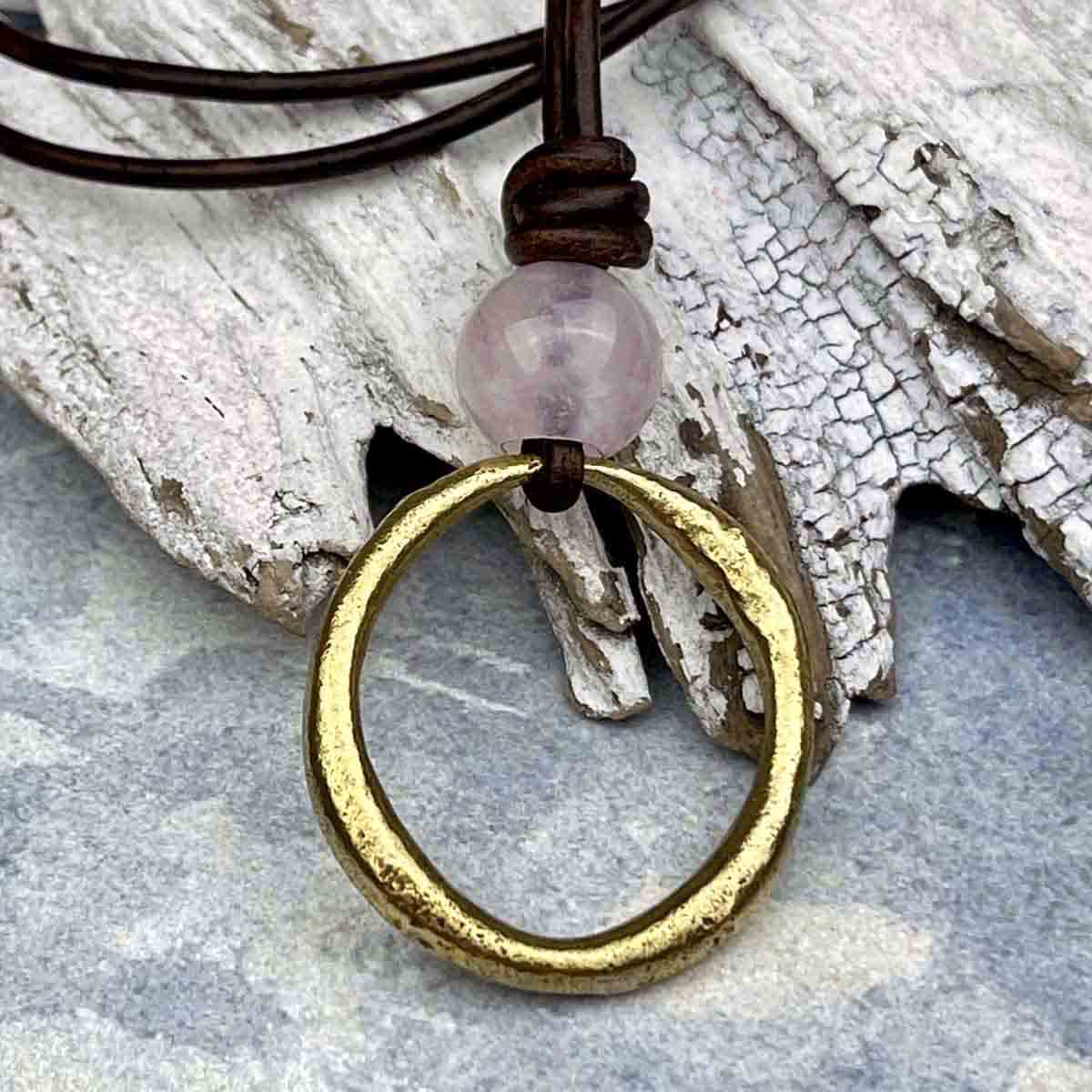 Large Bright Oval Bronze Celtic Ring Money &amp; Genuine Rose Quartz Leather Necklace