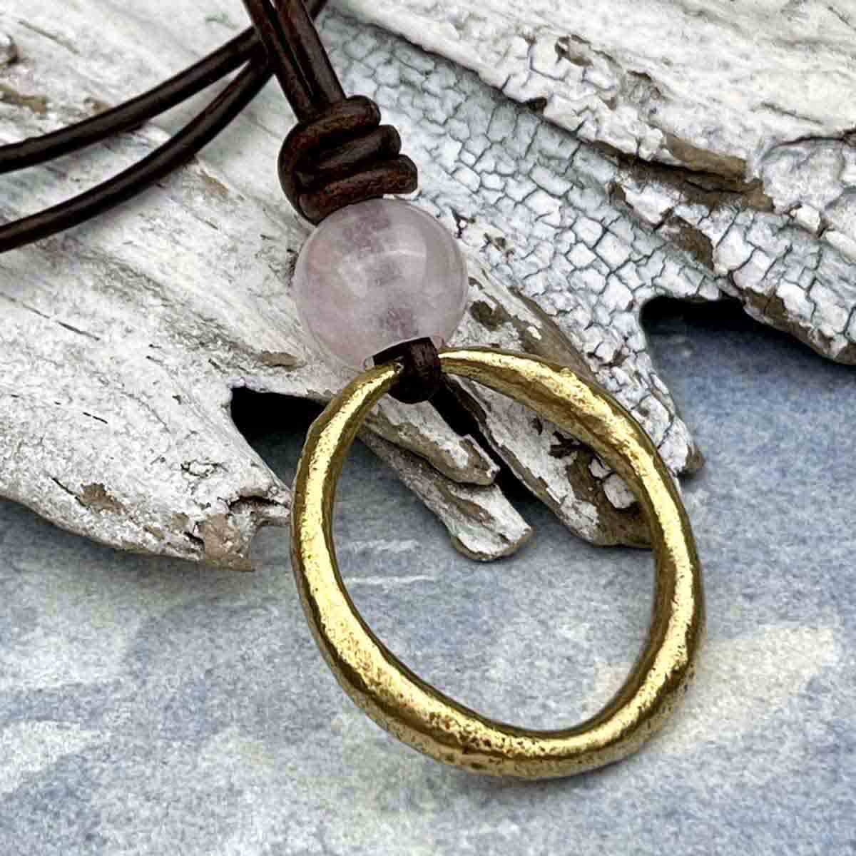 Large Bright Oval Bronze Celtic Ring Money &amp; Genuine Rose Quartz Leather Necklace