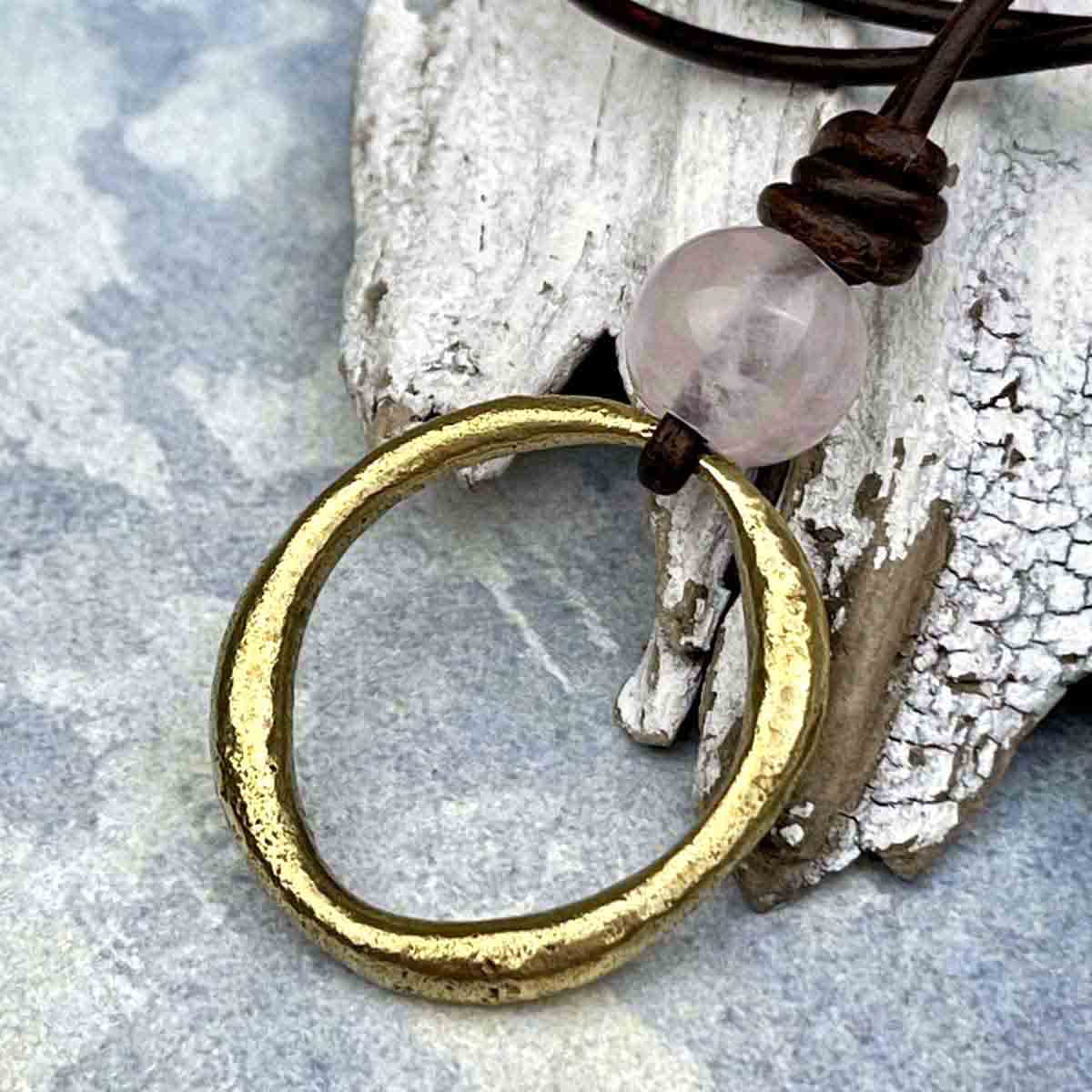 Large Bright Oval Bronze Celtic Ring Money &amp; Genuine Rose Quartz Leather Necklace