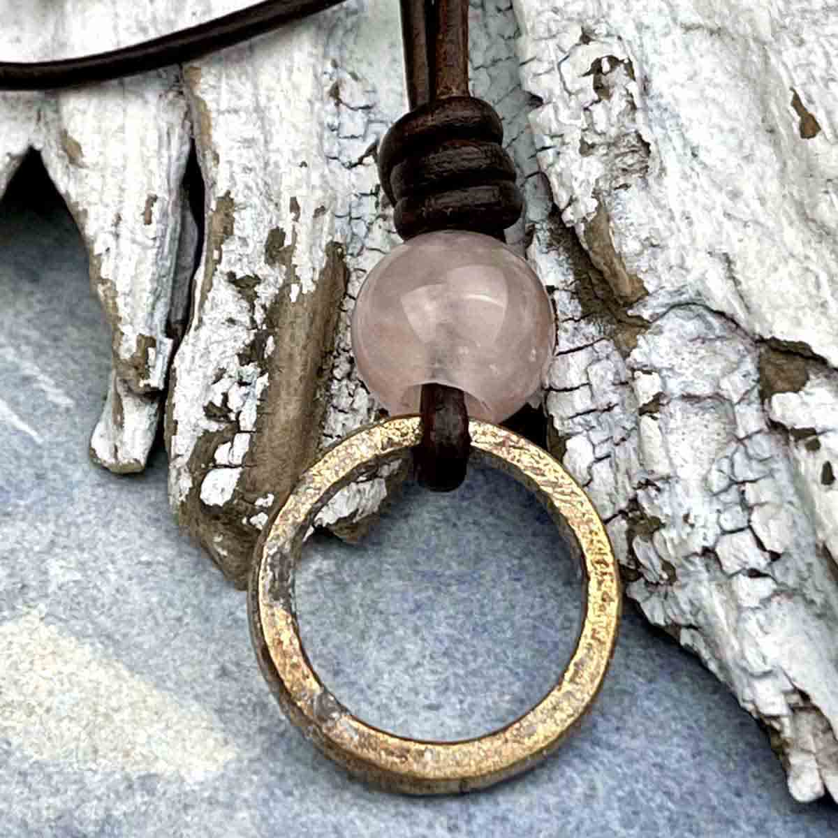 Variegated Warm Bronze Celtic Ring Money &amp; Genuine Rose Quartz Leather Necklace