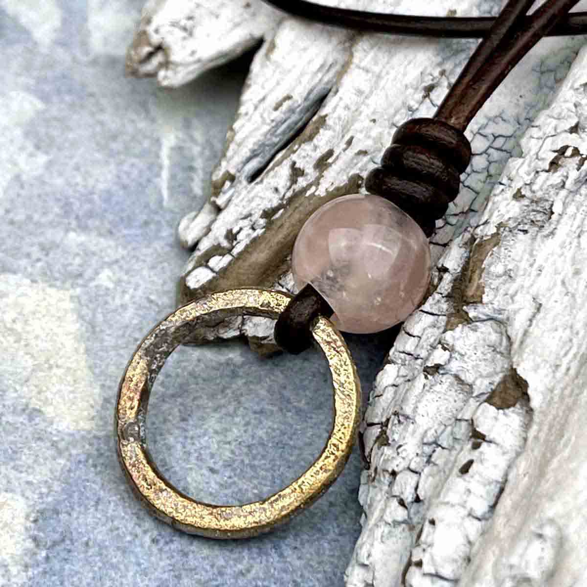 Variegated Warm Bronze Celtic Ring Money &amp; Genuine Rose Quartz Leather Necklace