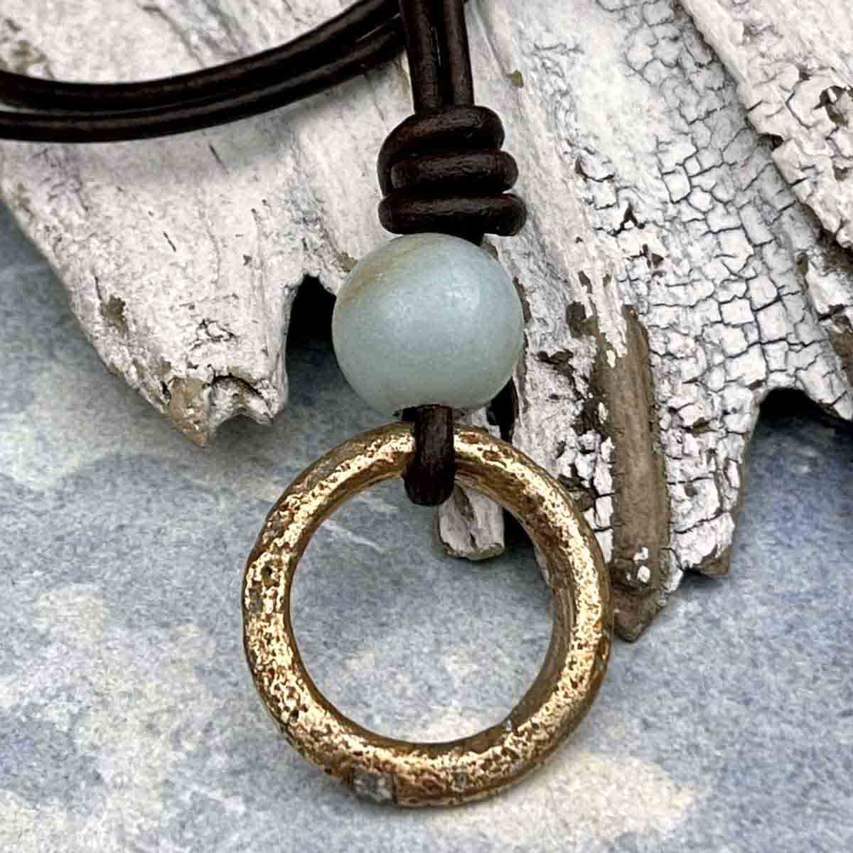 Rich Golden Bronze Raised Ridge Celtic Ring Money &amp; Genuine Amazonite Leather Necklace