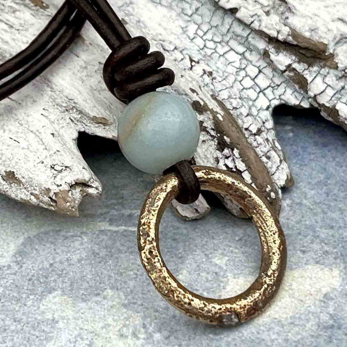 Rich Golden Bronze Raised Ridge Celtic Ring Money &amp; Genuine Amazonite Leather Necklace