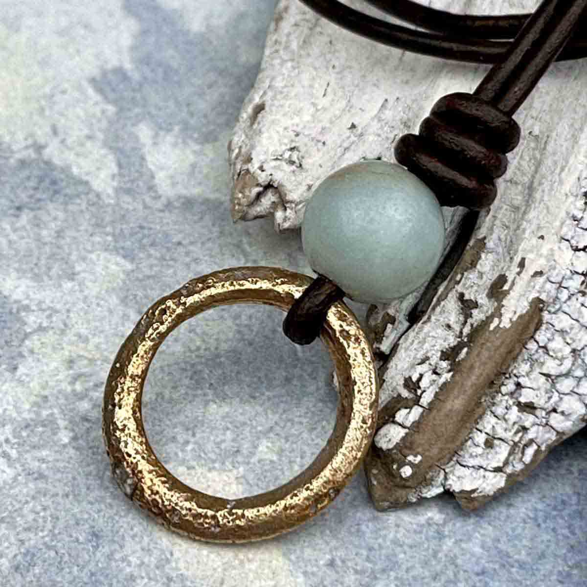 Rich Golden Bronze Raised Ridge Celtic Ring Money &amp; Genuine Amazonite Leather Necklace