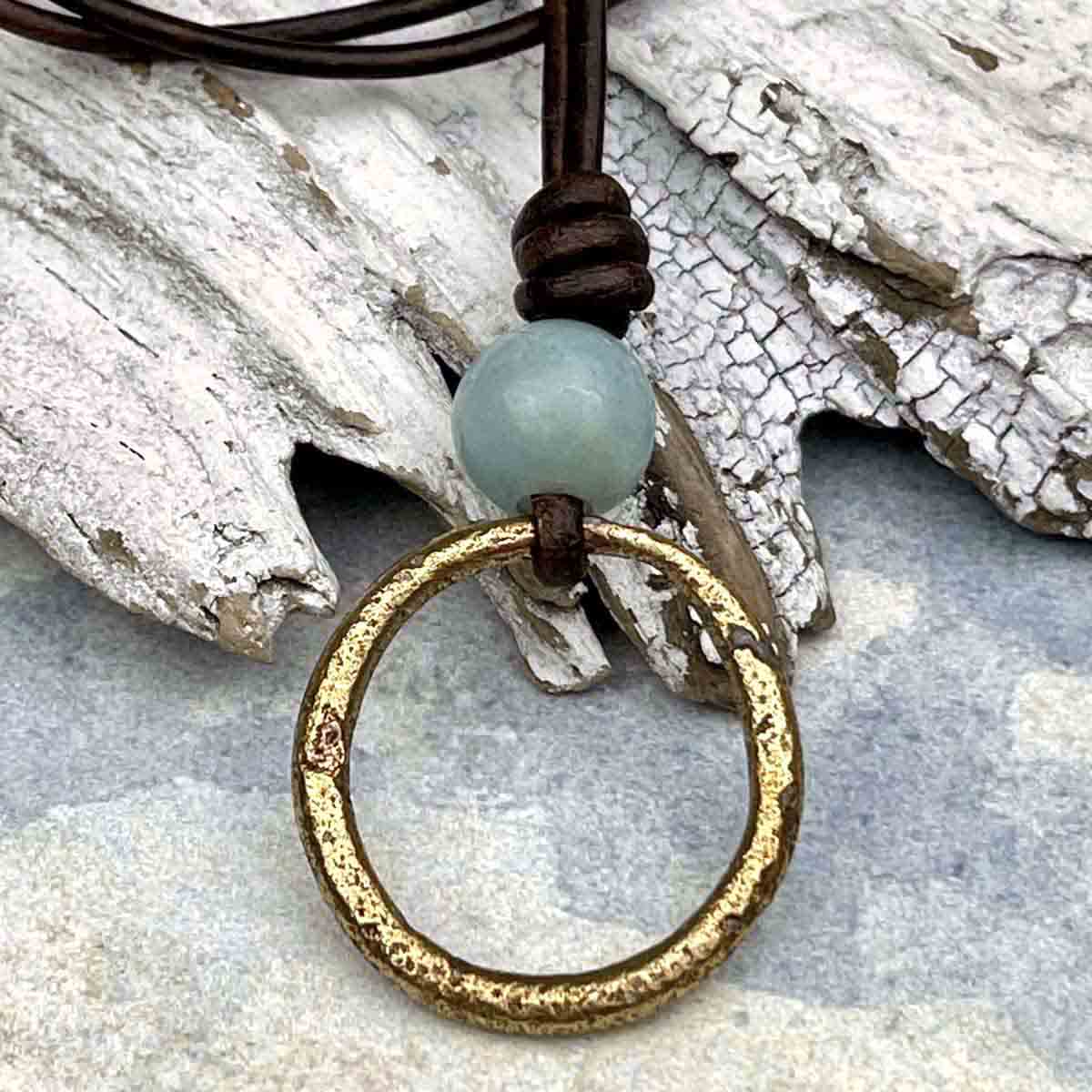 Light Bright Golden Bronze Celtic Ring Money &amp; Genuine Amazonite Leather Necklace | Artifact #8372