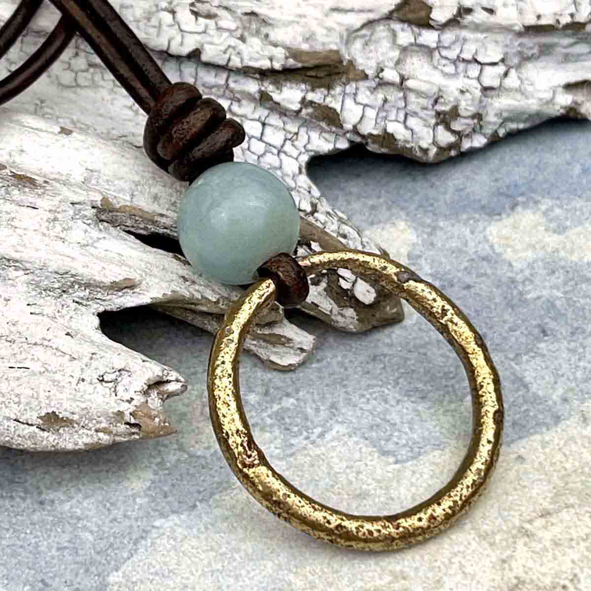 Light Bright Golden Bronze Celtic Ring Money &amp; Genuine Amazonite Leather Necklace | Artifact #8372