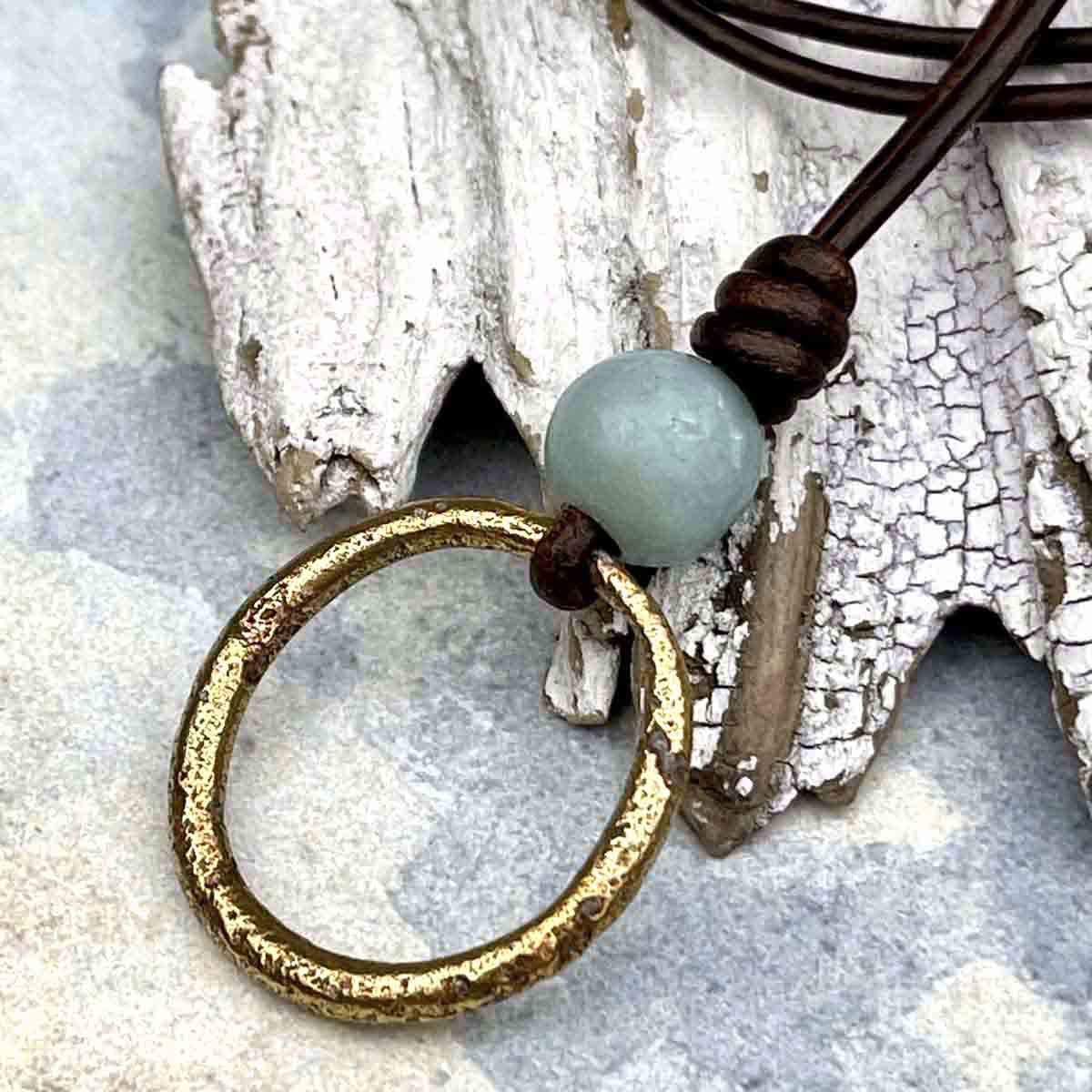 Light Bright Golden Bronze Celtic Ring Money &amp; Genuine Amazonite Leather Necklace | Artifact #8372