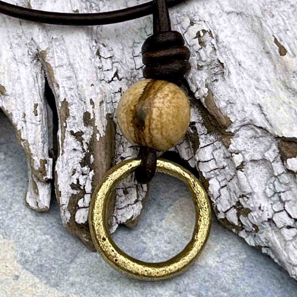 Gleaming Golden Bronze Celtic Ring Money &amp; Genuine Picture Jasper Leather Necklace