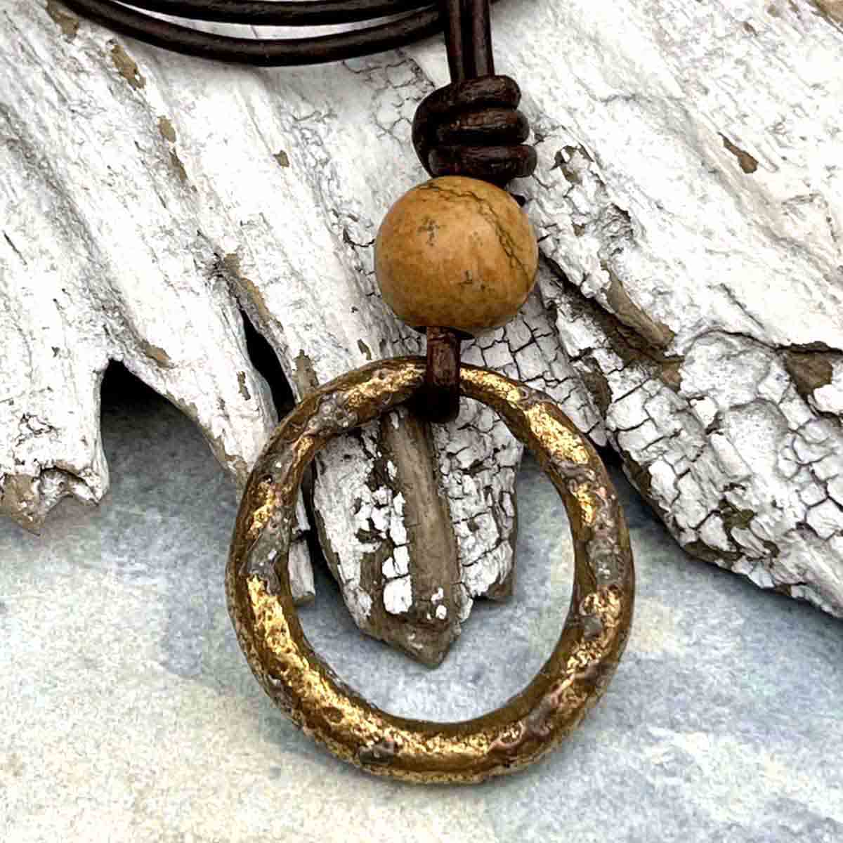 Bright to Darkening Bronze Celtic Ring Money &amp; Genuine Picture Jasper Leather Necklace