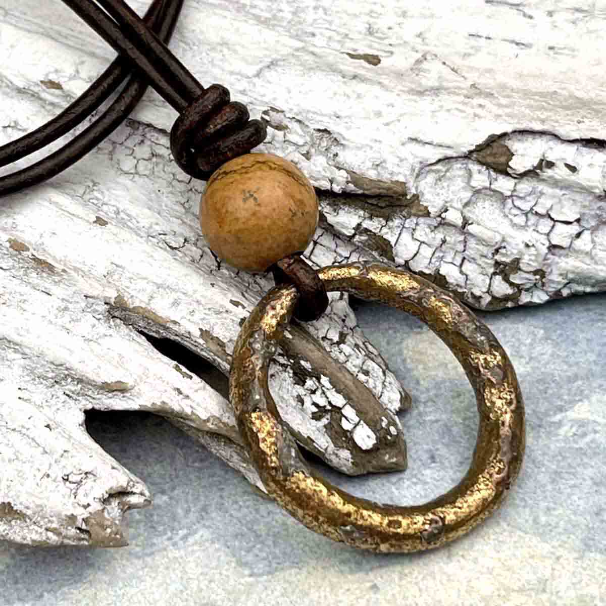 Bright to Darkening Bronze Celtic Ring Money &amp; Genuine Picture Jasper Leather Necklace