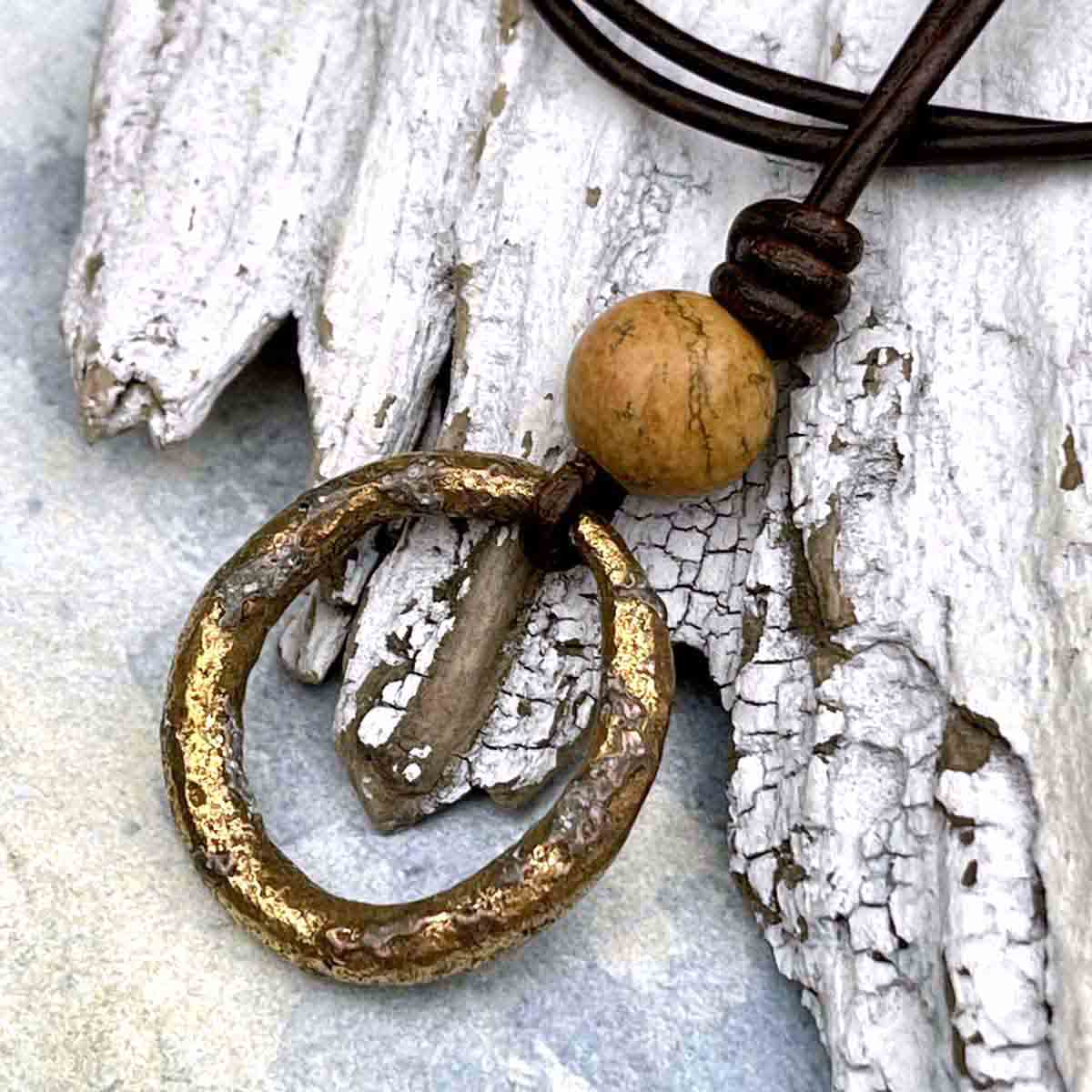 Bright to Darkening Bronze Celtic Ring Money &amp; Genuine Picture Jasper Leather Necklace