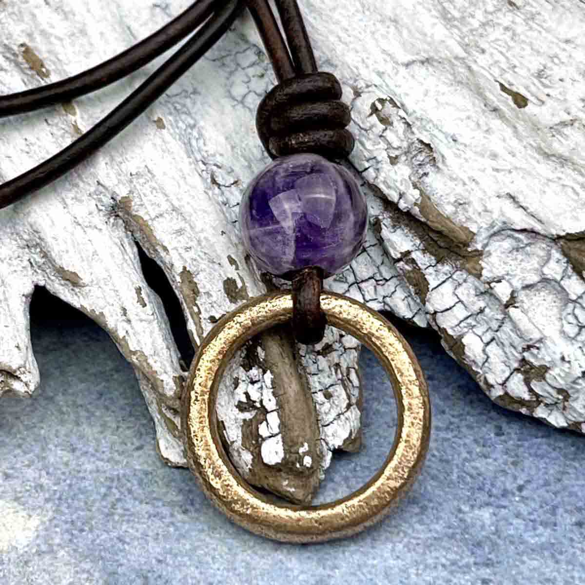 Brightest Light Bronze Celtic Ring Money &amp; Genuine Amethyst Leather Necklace