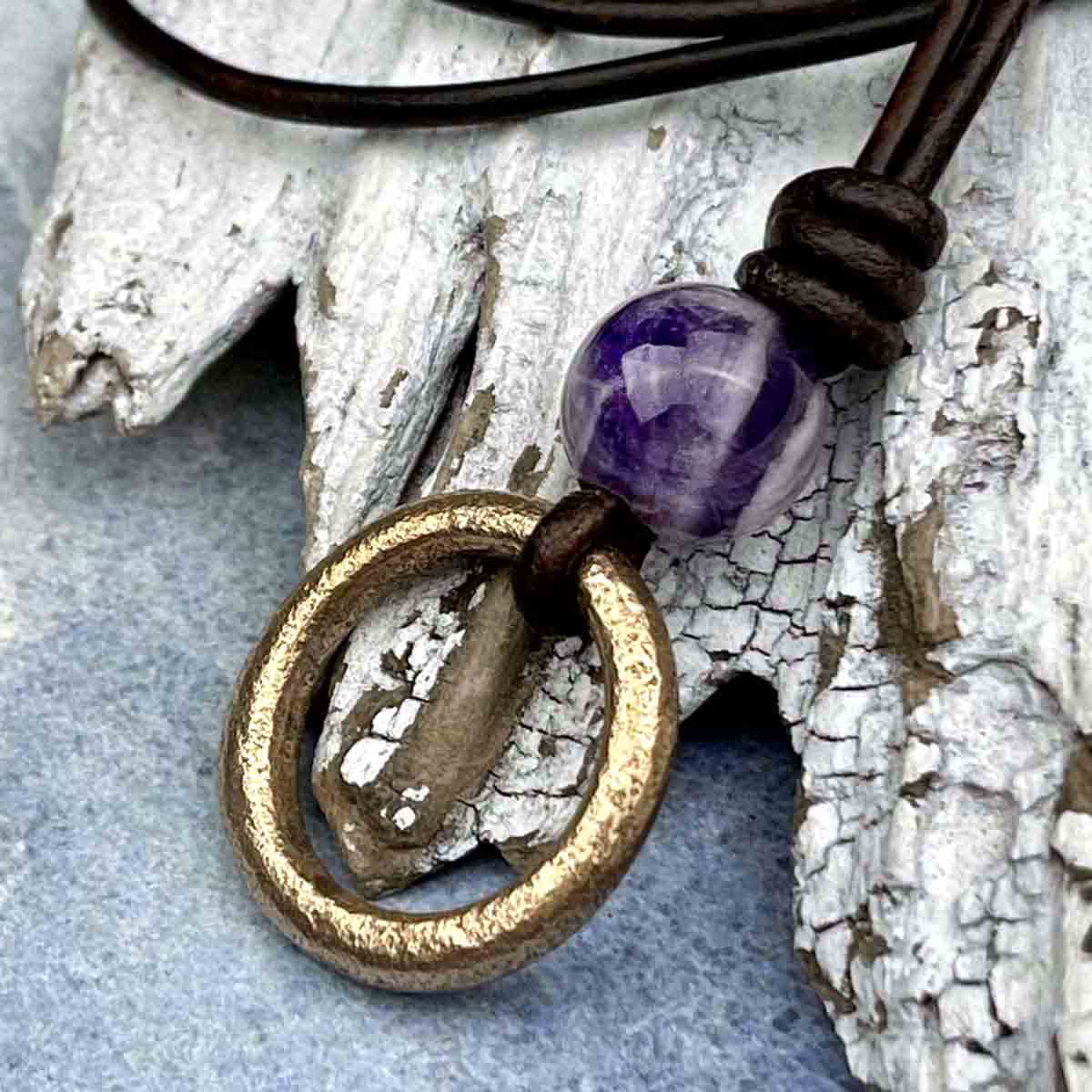 Brightest Light Bronze Celtic Ring Money &amp; Genuine Amethyst Leather Necklace