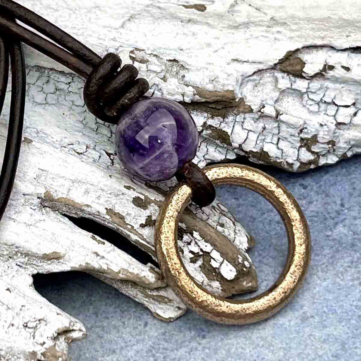 Brightest Light Bronze Celtic Ring Money &amp; Genuine Amethyst Leather Necklace