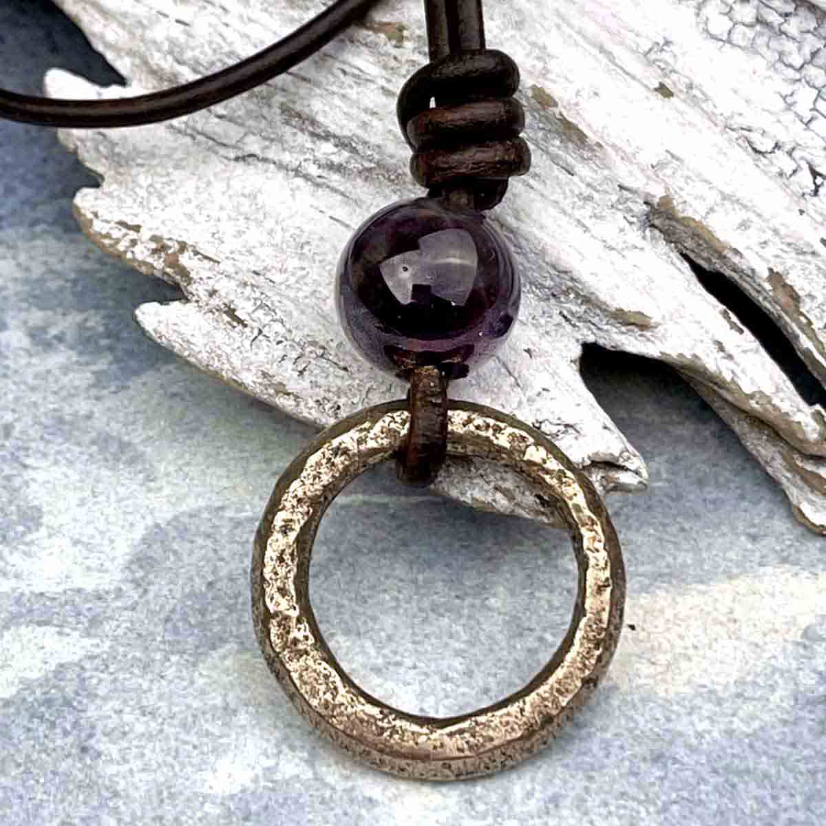 Burnished Deep Bronze Celtic Ring Money &amp; Genuine Amethyst Leather Necklace