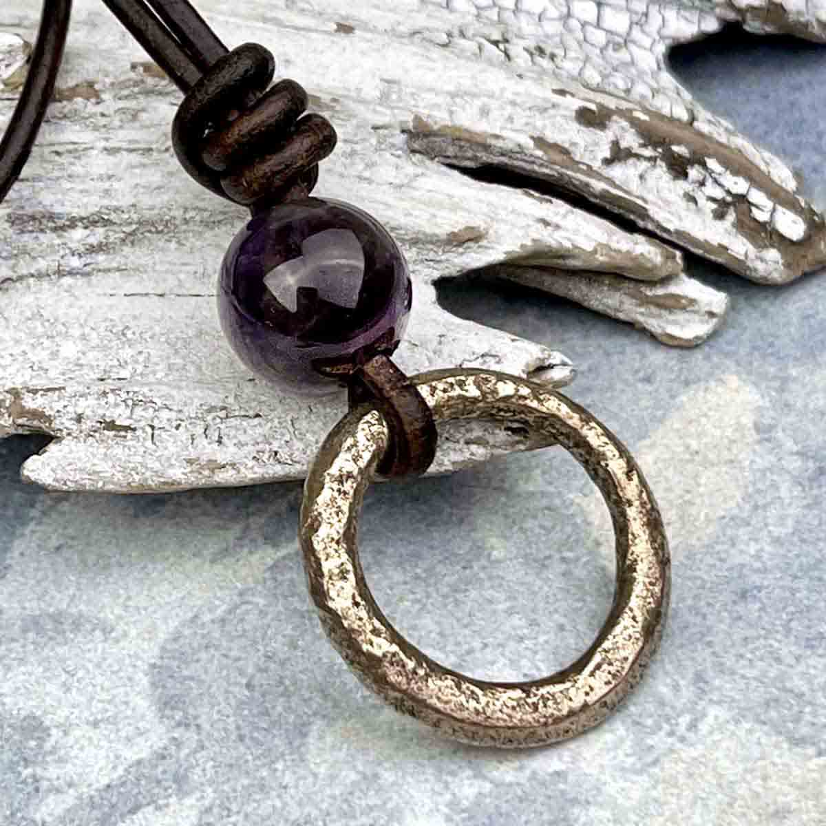 Burnished Deep Bronze Celtic Ring Money &amp; Genuine Amethyst Leather Necklace