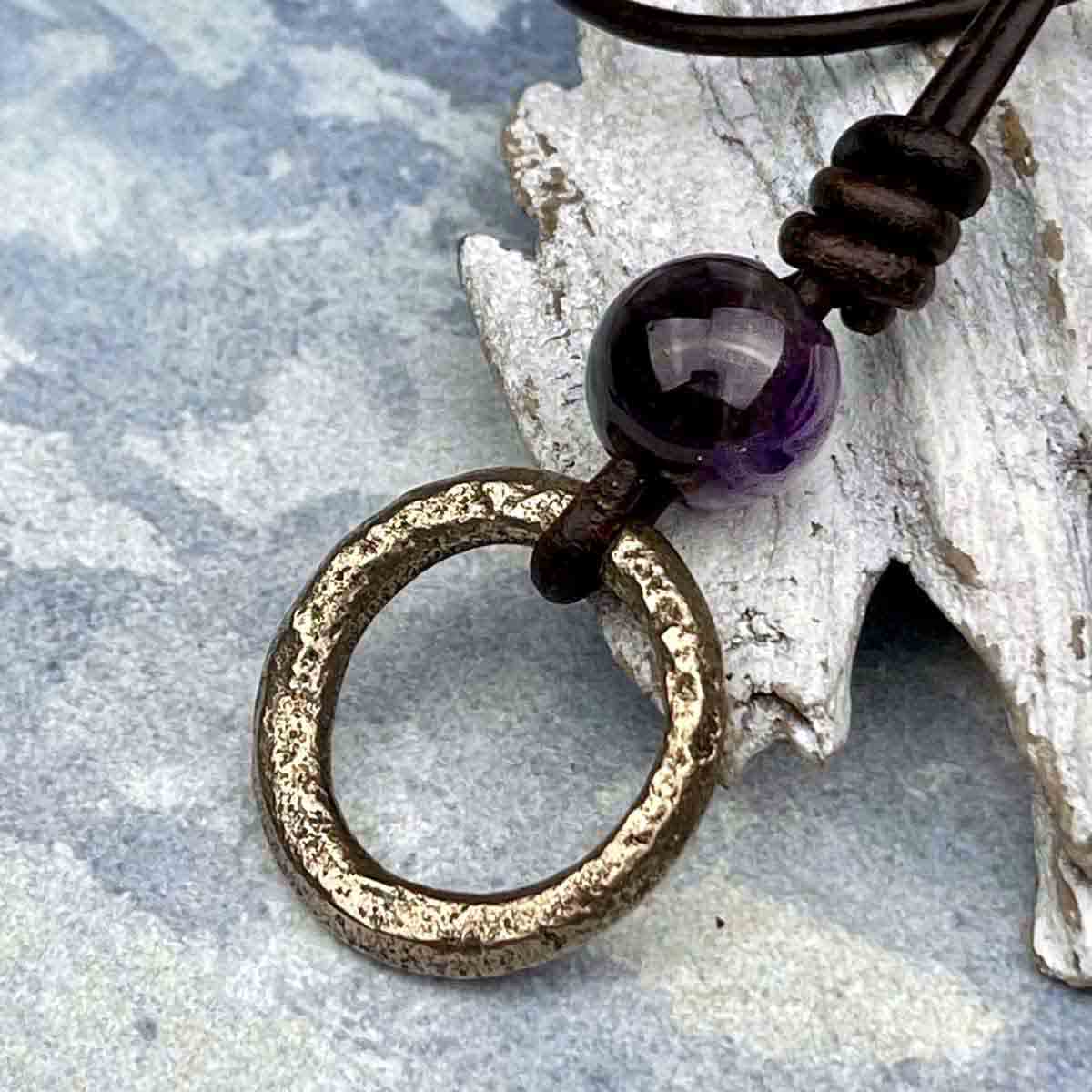 Burnished Deep Bronze Celtic Ring Money &amp; Genuine Amethyst Leather Necklace