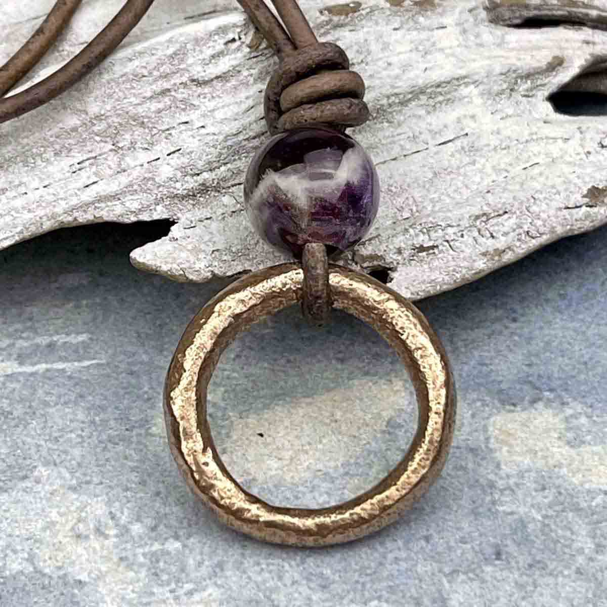 Warm Red Bronze Celtic Ring Money &amp; Genuine Amethyst Leather Necklace