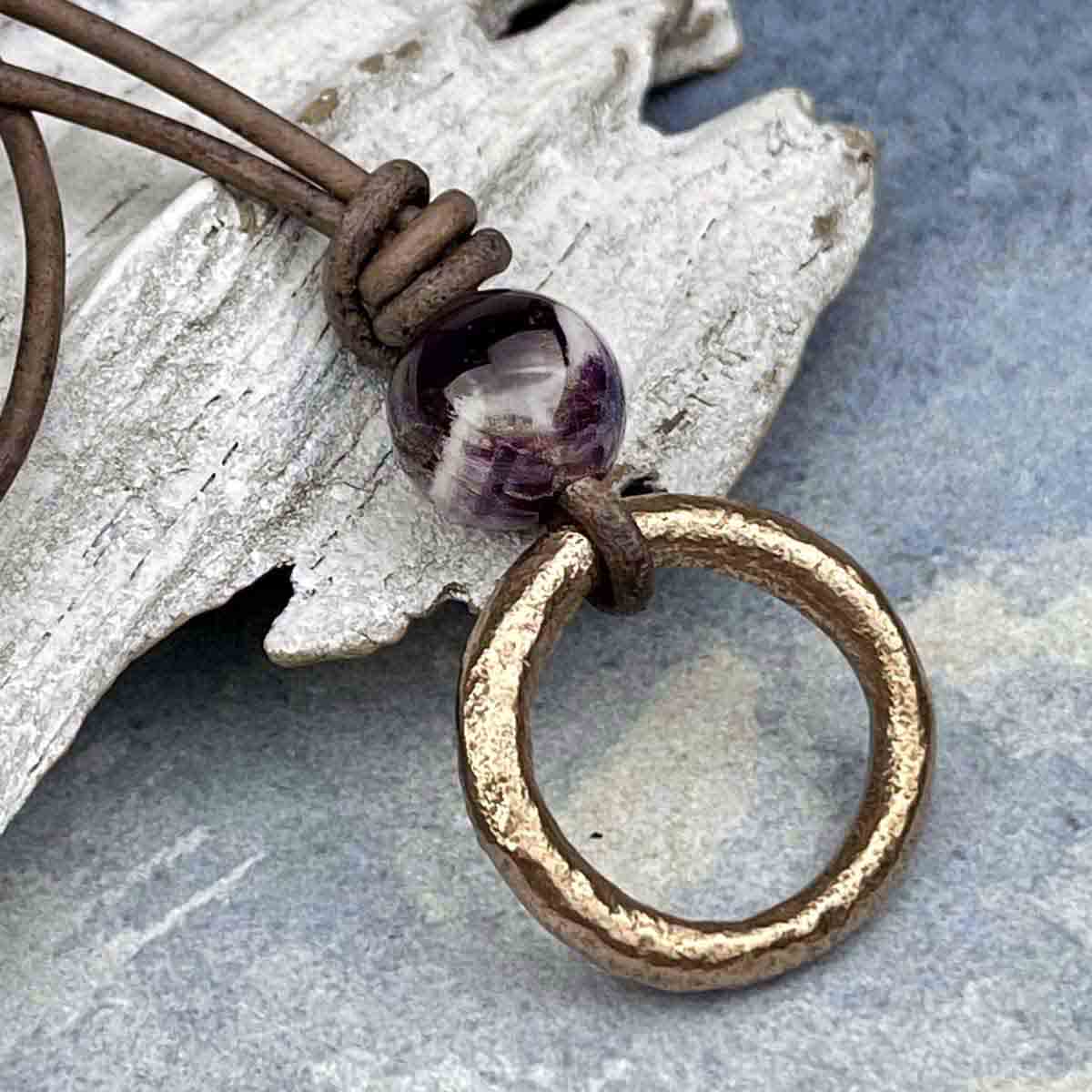 Warm Red Bronze Celtic Ring Money &amp; Genuine Amethyst Leather Necklace