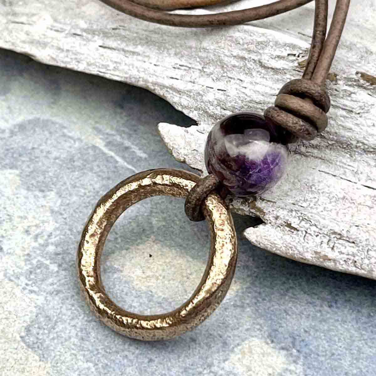 Warm Red Bronze Celtic Ring Money &amp; Genuine Amethyst Leather Necklace