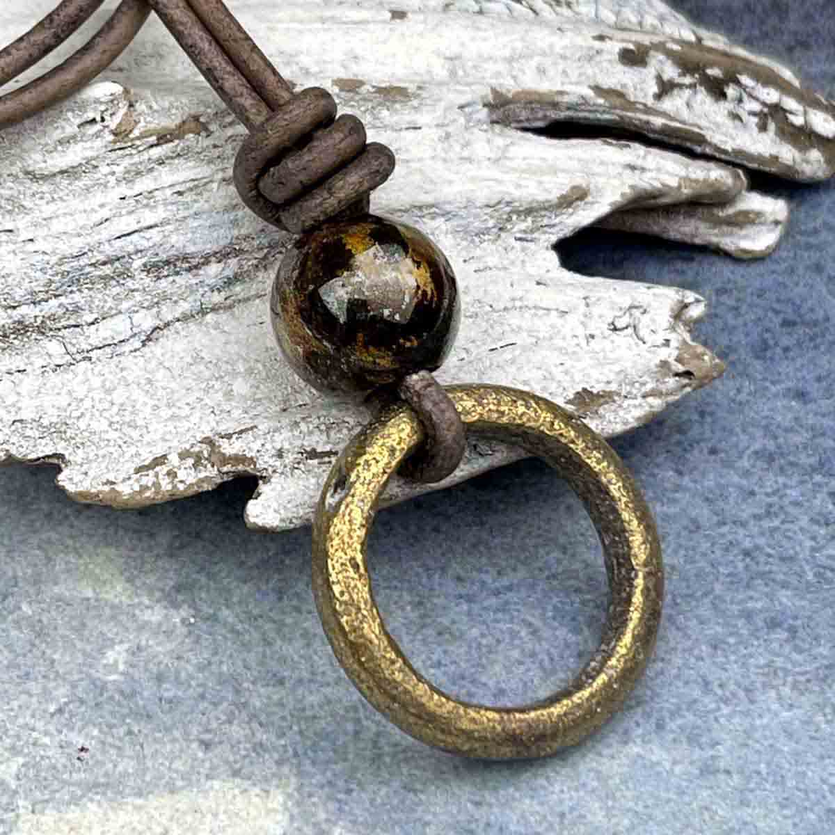 Gleaming Red Bronze Celtic Ring Money &amp; Genuine Bronzite Leather Necklace