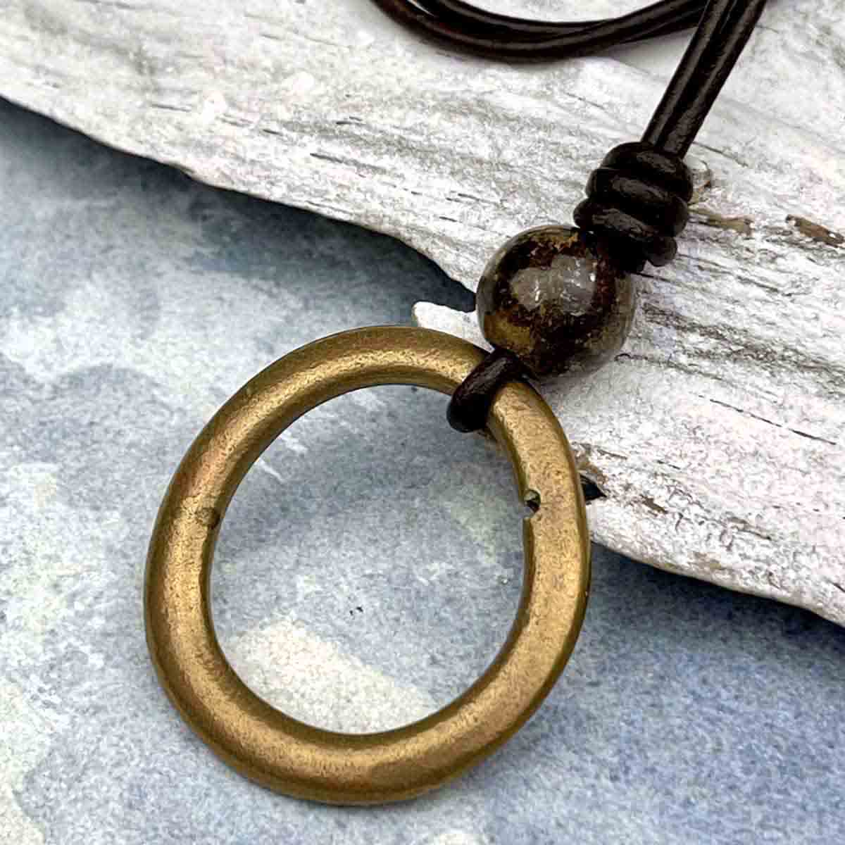 Large Flat Red Bronze Celtic Ring Money &amp; Genuine Bronzite Leather Necklace