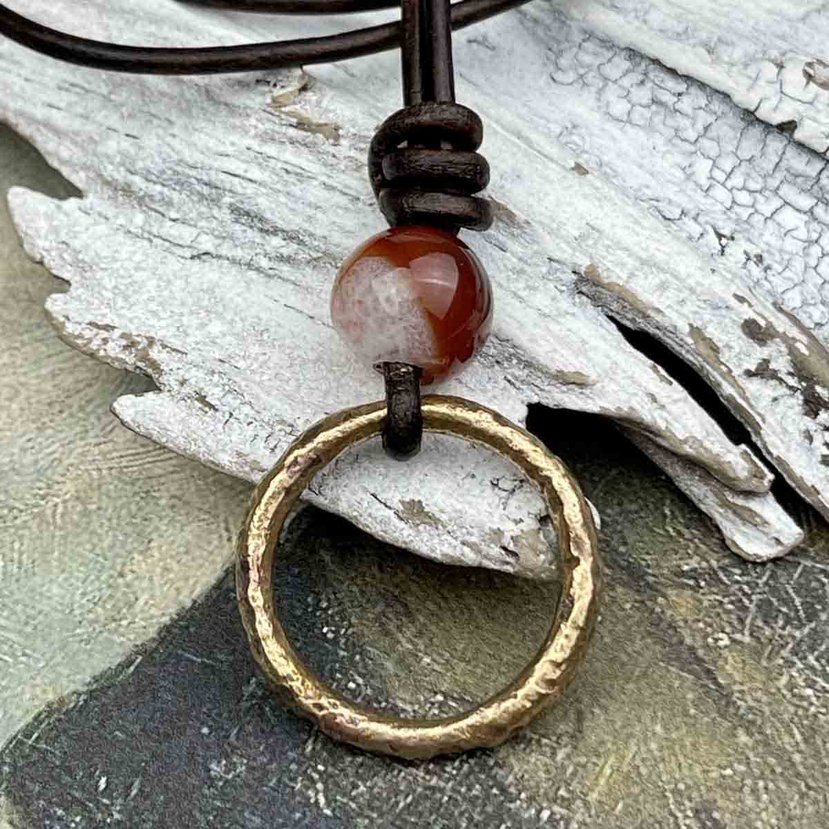 Luminous Golden Bronze Celtic Ring Money &amp; Genuine Multicolored Carnelian Leather Necklace