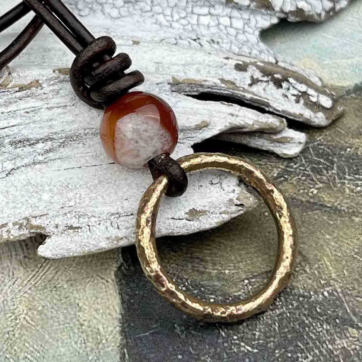 Luminous Golden Bronze Celtic Ring Money &amp; Genuine Multicolored Carnelian Leather Necklace