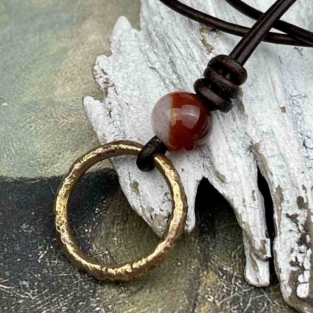 Luminous Golden Bronze Celtic Ring Money &amp; Genuine Multicolored Carnelian Leather Necklace