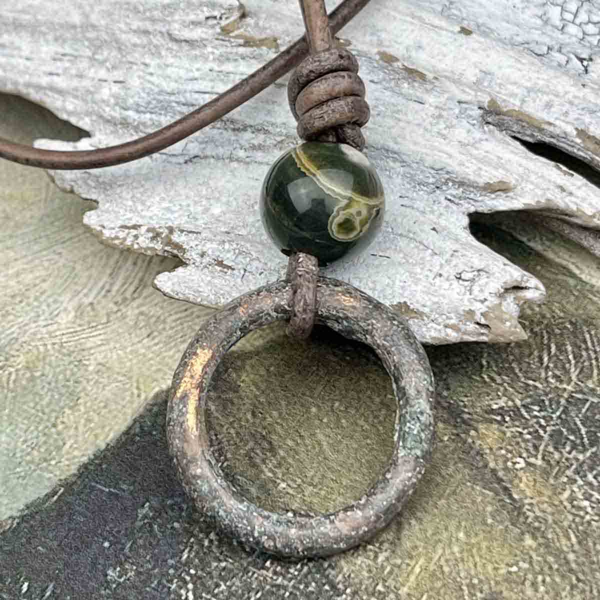 Gray to Golden Bronze Celtic Ring Money &amp; Genuine Ocean Jasper Leather Necklace