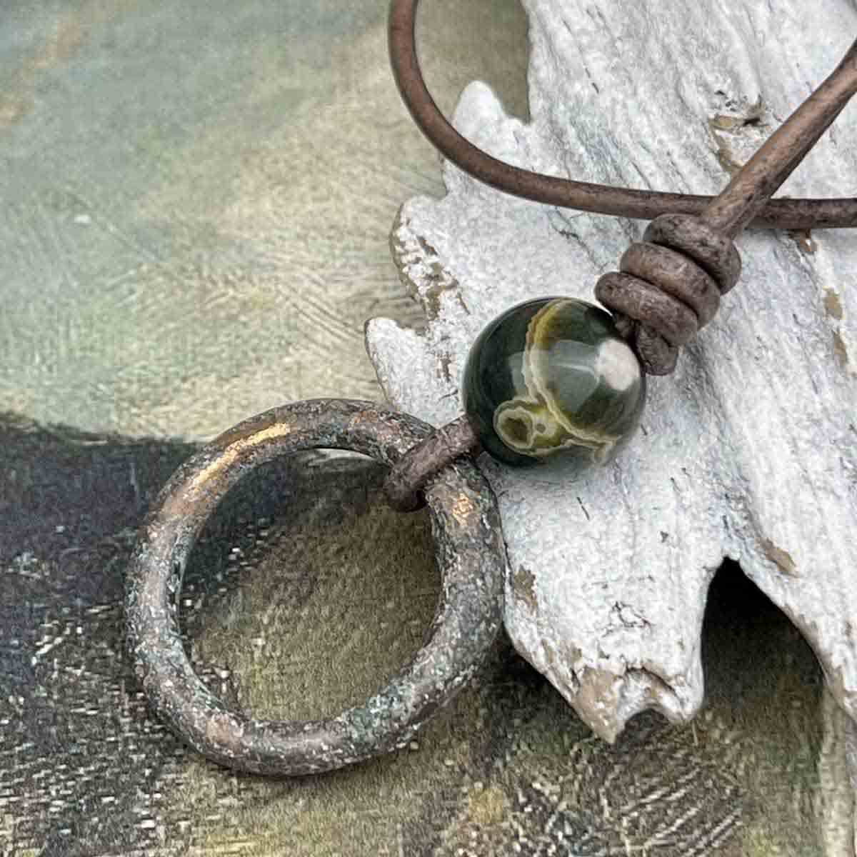 Gray to Golden Bronze Celtic Ring Money &amp; Genuine Ocean Jasper Leather Necklace