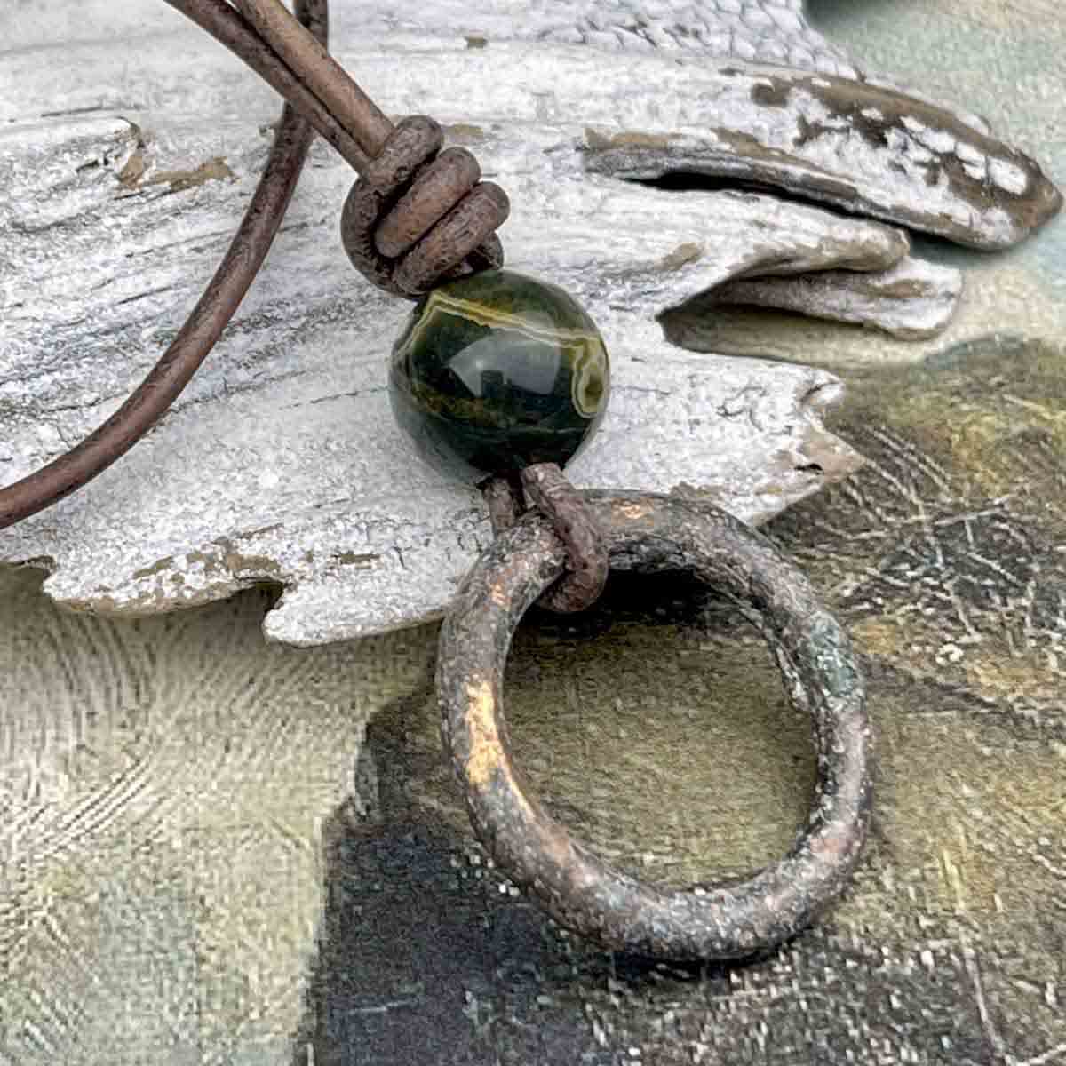 Gray to Golden Bronze Celtic Ring Money &amp; Genuine Ocean Jasper Leather Necklace