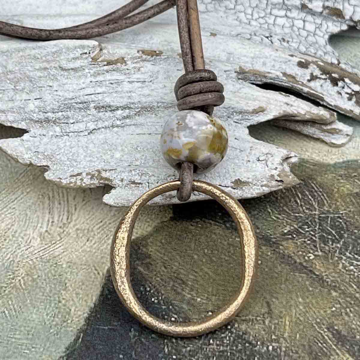 Radiant Golden Bronze Celtic Ring Money &amp; Genuine Ocean Jasper Leather Necklace