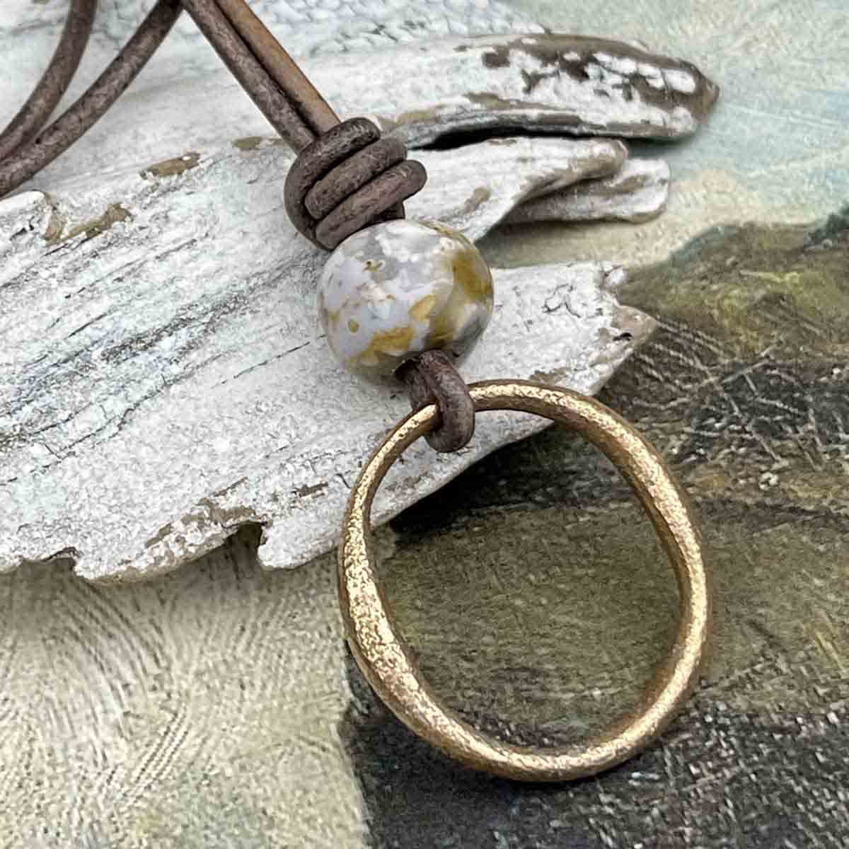 Radiant Golden Bronze Celtic Ring Money &amp; Genuine Ocean Jasper Leather Necklace