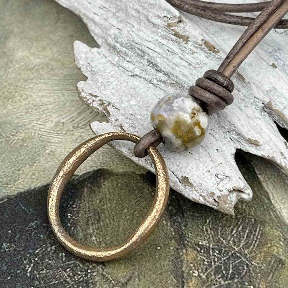 Radiant Golden Bronze Celtic Ring Money &amp; Genuine Ocean Jasper Leather Necklace