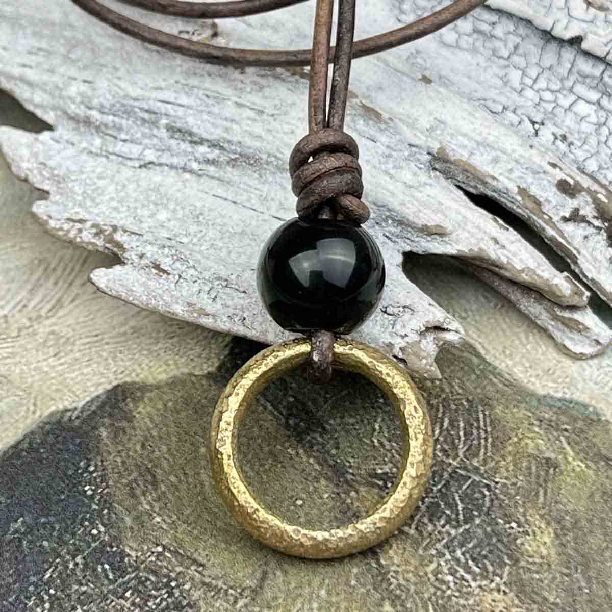 Intense Light Golden Bronze Celtic Ring Money &amp; Genuine Obsidian Leather Necklace