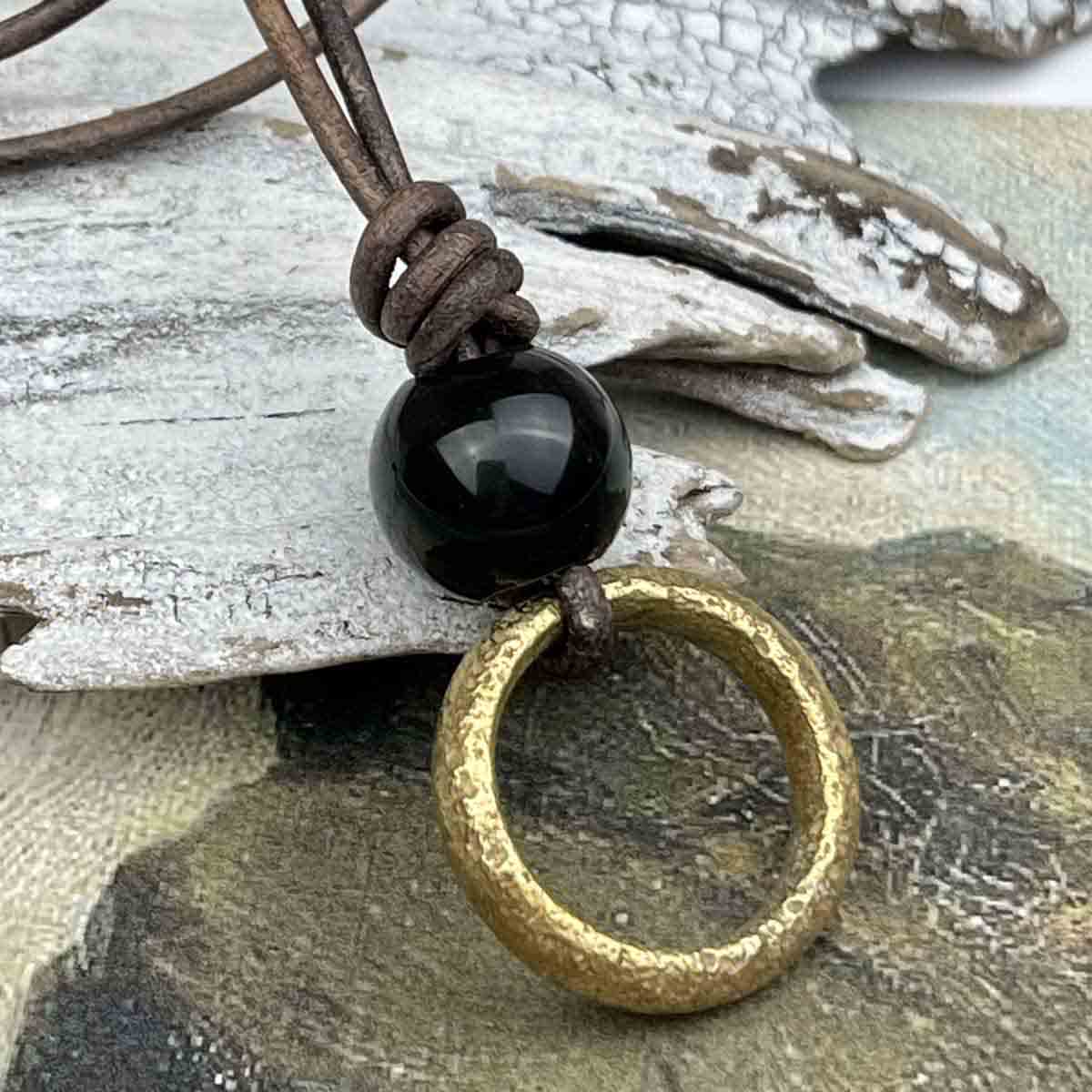 Intense Light Golden Bronze Celtic Ring Money &amp; Genuine Obsidian Leather Necklace